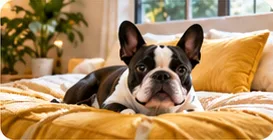 A French bulldog relaxing on yellow cushions in the Deluxe Suite