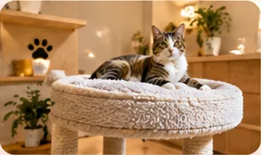 A cat resting on a scratching tower in the cat lounge