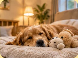 A puppy napping next to a teddy bear in a hotel suite