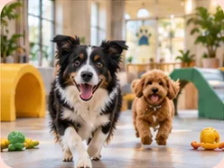A border collie and a small poodle playing in the indoor play space