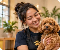 Mia smiling and holding a curly brown puppy