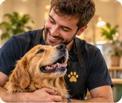 Sam laughing with a golden retriever